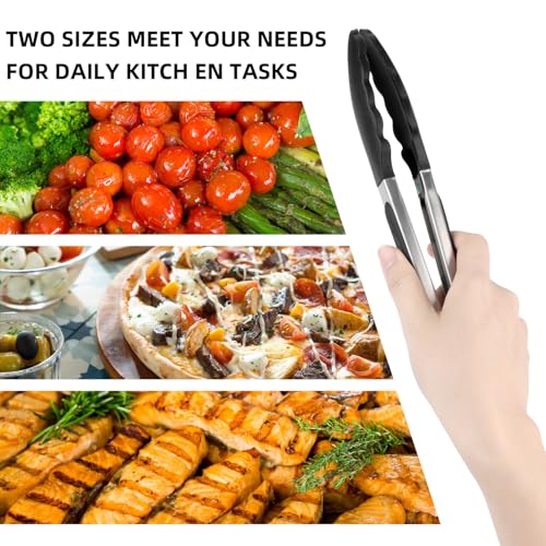 2 Pezzi Pinze da Cucina,Pinza Acciaio Inoxe Silicone,Pinze da Cucina Professionali per Barbecue,Pasta,Bistecca,Cottura al Forno(7 e 9 Pollici,Nero) - immagine 6