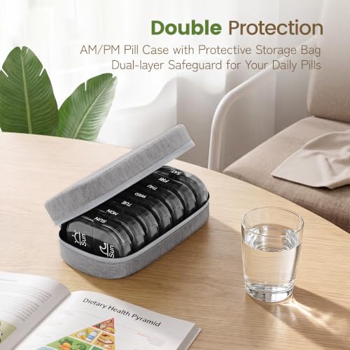 Image of Serfeymi Weekly Travel Pill Organizer 2 Times a Day AM PM Black Pill Box