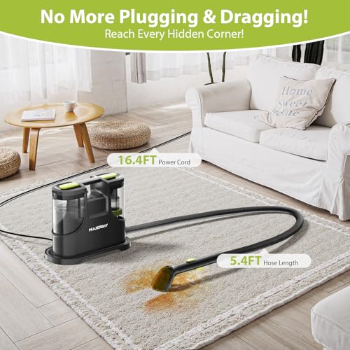 Image of Upholstery Carpet Cleaner, MUJERBAY 15Kpa Portable Spot and Stain Cleaner Shampooer, Easy Move with Handle, 1.5-inch Deep Cleaning Machine for Couch, Stairs, Car and Pet Messes.