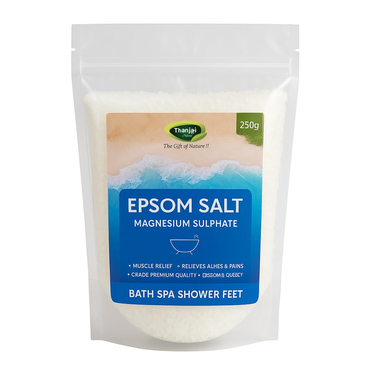 Thanjai Natural Epsom Salt 250g (Magnesium Sulphate) for Muscle Relief, Relieves Aches & Pains 100% Natural Natural Method Made