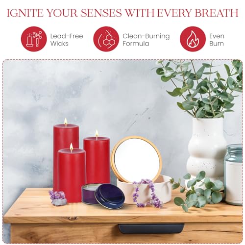 Image of D'Velas Pack of 3 Unscented Red Pillar Candles | Burn Time 50 /65 /80 Hours | Bonus 3oz Scented Travel Tin | Long-Lasting Paraffin Wax Candles for Home Decor, Festive Use & Events