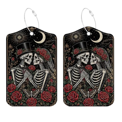 Image of Gothic Skeleton Luggage Tags 2 Pack, PU Leather Privacy Cover