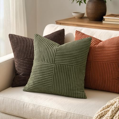 Image of MIULEE Olive Green Decorative Throw Pillow Covers 20x20 Inch for Couch Bed Sofa Pack of 2 Boho Farmhouse Throw Pillows Soft Cross Corduroy Patchwork Textured Cushion Cases