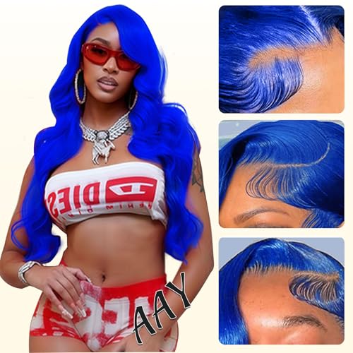 AAY 30 Inch Blue Wig Human Hair 200 Density Body Wave 13x4 HD Lace Front Wigs Human Hair Pre Plucked with Baby Hair Blue Human Lace Front Wigs Color Glueless Frontal Wig for Women