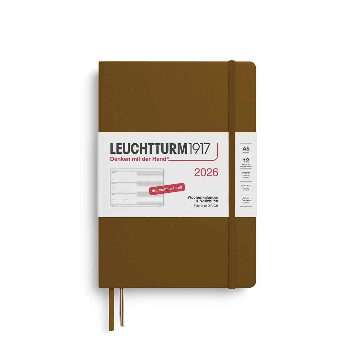 LEUCHTTURM1917 372481 Weekly Calendar & Notebook Medium (A5) 2026, 12 Months, Spice Brown, German
