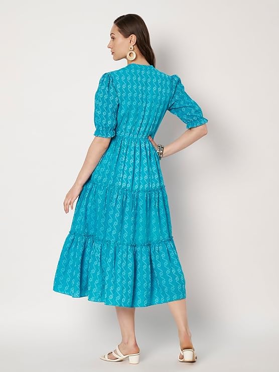 Image of PIDAVLIYA'S Women's Floral Summer Maxi Dress I Cotton Printed I One Piece Bodycon Midi Dress with V-Neck, Puffed Sleeves