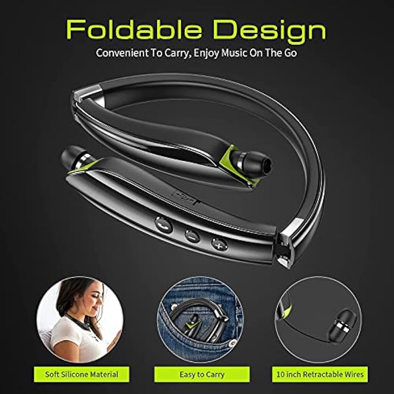 Bluetooth Headset, 2025 Upgraded Neckband Bluetooth Headphones with Retractable Earbuds, Noise Cancelling Stereo Earphones with Mic, Foldable Wireless Headphones for Sports Office with Carry Case B... 상세이미지 2