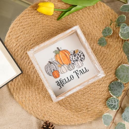 Image of Embossed Pumpkin Sign, Farmhouse Autumn Decorations, Wooden Fall Tiered Tray Decor for Shelf Cubicle Desk Mantel, Rustic Thanksgiving Table Decor