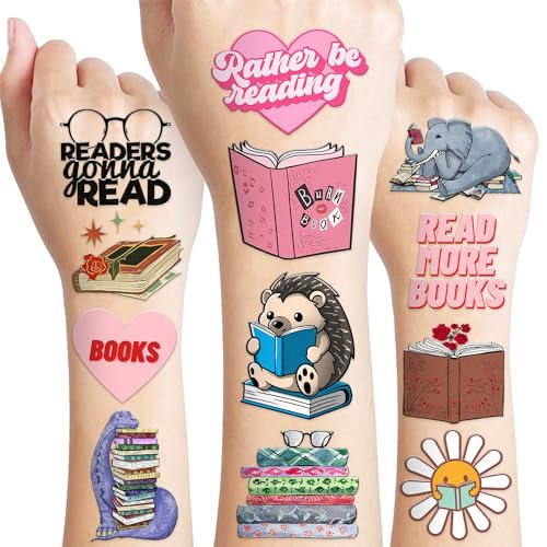 96 PCS Reading Book Library Pre-Cut Temporary Tattoos Sticker Booklish Nerd Birthday Party Decorations Favors Supplies Gifts Boys Girls Teachers Adult Tattoo School Reward Themed (Normal)