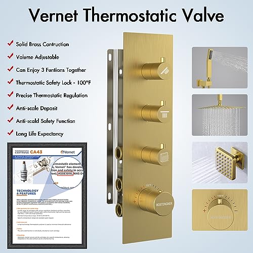 Image of Shower Faucet Set Brushed Gold,Thermostatic Shower System with Body Jets,16 inch Ceiling Rainfall Faucet Set with with 6 PCS Dual Modes Body Jets(3 Inch) Can All Run Together