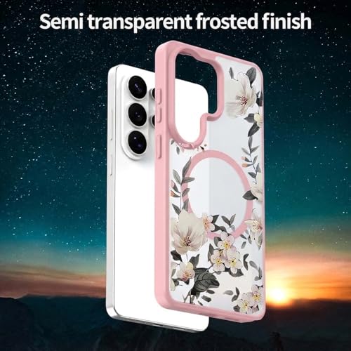 Image of VONZEE Compatible with Samsung Galaxy S26 Ultra 5G Case Luxury Retro Flowers Floral Clear for Magnetic Wireless Charging Case Shockproof PC+TPU Cute Glossy Shiny Cover for Girls Women, Pink