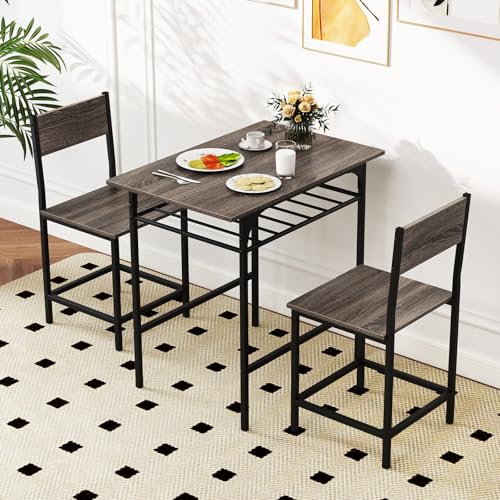 COSTWAY Petite Table de Cuisine 2 Personnes, Table Cuisine avec Chaise Encastrables, Étagère, Chaises, pour Coin Petit-Déjeuner, Salle à Manger (Gris chêne)