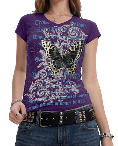 IWOLLENCE Teens Y2K Gothic Tops V Neck Cap Short Sleeve Vintage Grahipc Tees Women 2000s Emo Scene Alternative Punk Grunge Shirts Purple Butterfly M