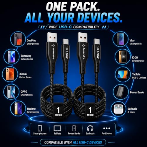Image of (Pack of 2 120W Fast Charging USB to Type-C Cable, 1 Meter, 10A Charging & Data Sync, Nylon Braided Unbreakable Cable Compatible with OnePlus, OPPO, Realme, Samsung, Vivo, iQOO (100, 2)