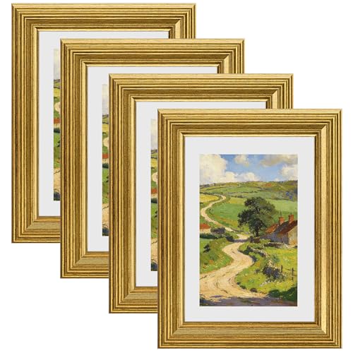 Image of eletecpro 5x7 Gold Picture Frames Set of 4, Vintage Photo Frames with Clear Acrylic Cover, Gallery Wall Art Display 4x6 Photo with Mat or 5x7 without Mat for Tabletop and Wall Mount, Home Decor
