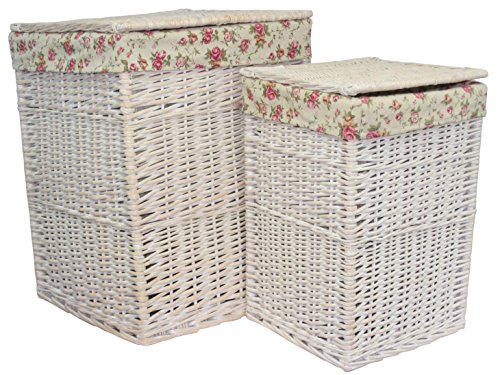 Red Hamper Square White Wash Laundry Baskets with a Garden Rose Lining, Wicker, 61 x 46 x 46 cm
