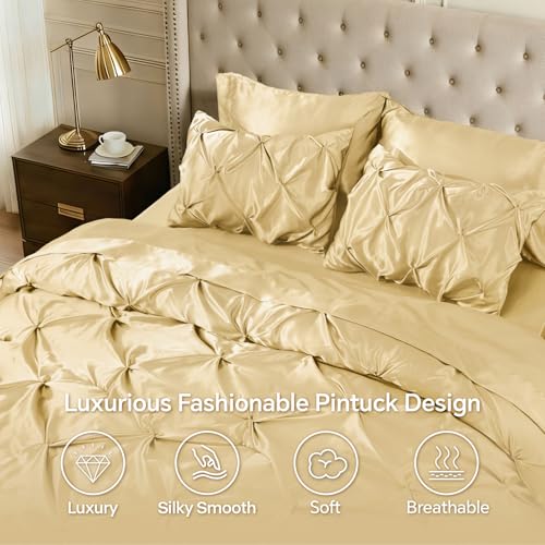 Image of BEDELITE Satin Comforter Set Full Size, 7 Pieces Pintuck Bed in A Bag with Comforter, Flat Sheet, Fitted Sheet, Pillowcases, Shams, Soft Cozy Similar to Silk Bed Set for All Seasons (Champagne)