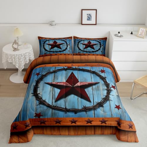 Image of Red Western Texas Star Bedding Set Rural Country Farmhouse Comforter Set for Kids Boys Girls Rustic Wooden Board Comforter Vintage Brown Blue Duvet Set Room Decor Quilt Set Twin Size