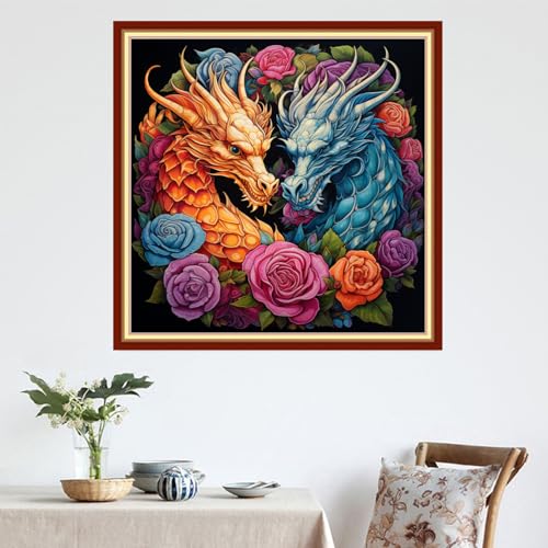 Image of DMCVIVR Stamped Cross Stitch Kits for Adults Beginners Embroidery Kits 11CT Needlepoint Kits Cross Stitch Patterns Embroidery Patterns&Colored Dragon Flower 18x18 inch