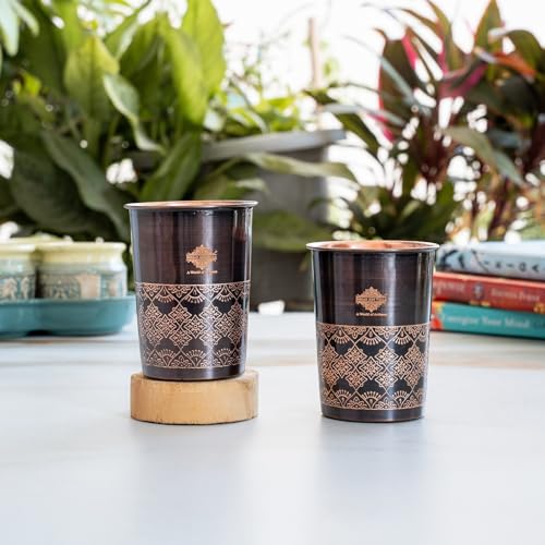 Image of INDIAN ART VILLA Copper Antique Dark Embossed Drinking Glass, Pure Copper Ayurvedic Water Tumbler for Home, Office, Restaurant Use, Traditional Drinkware Gift Item, 275 ML, Set of 2
