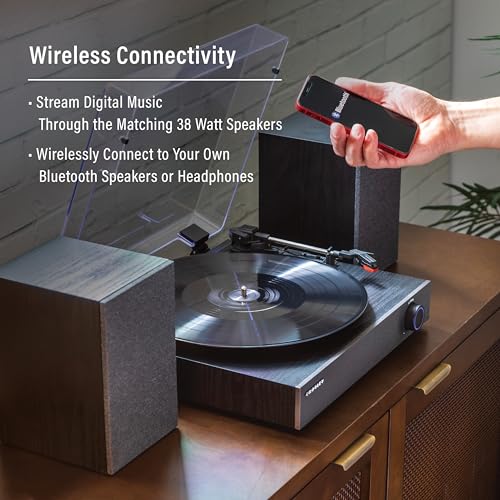 Image of Crosley CR7503A-BK Zane Record Player with Speakers, Black | 3-Speed Turntable, Bluetooth In / Out, LED Color on Dial Indicates Audio Mode, Matching External 38W Stereo Speakers