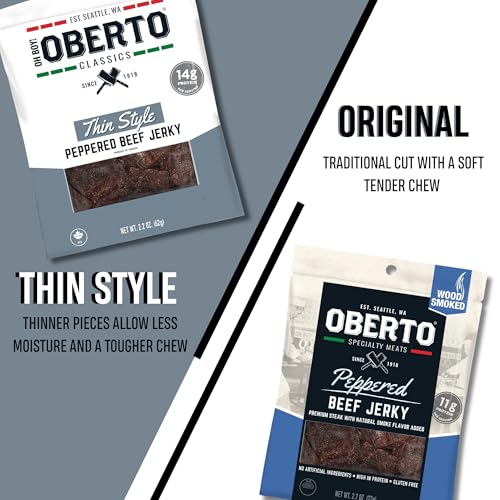 Image of Oberto Classics Thin Style Beef Jerky, Peppered Flavor, No Artificial Ingredients, High Protein, Gluten Free, Wood Smoked, Premium Steak Beef Jerky High Protein Snacks, 2.2 Ounce (Pack of 8)
