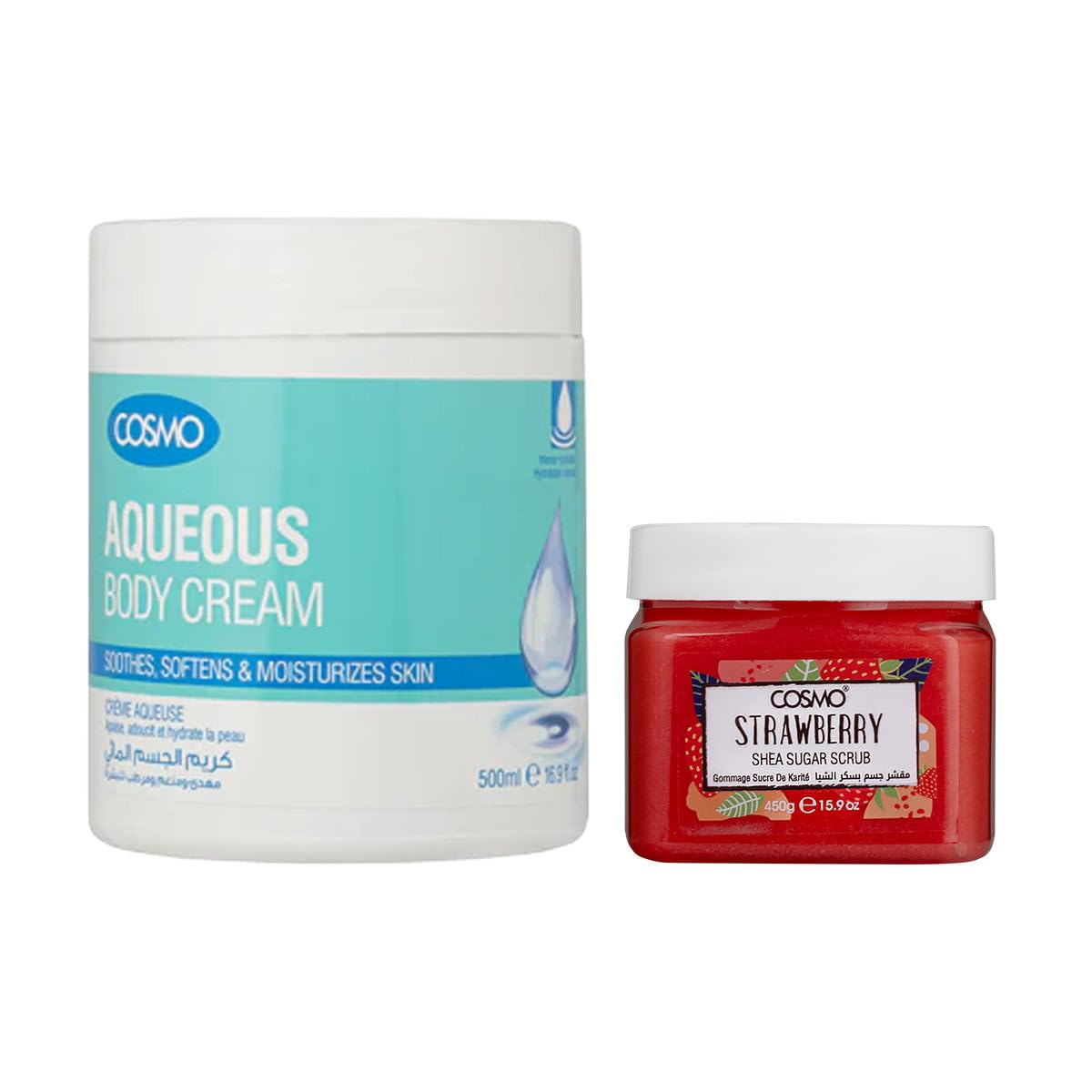 Cosmo Bath & Body Set Aqueous Body Cream 500ml & Strawberry Shea Sugar Scrub 450g Combo | Hydrate | Moisturizer | Brightening | Fast Absorbing | Non Greasy | Deep Exfoliate Scrubber | For Men & Women-image-35