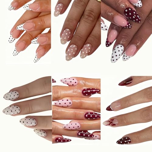 6 Packs (144 Pcs) Press on Nails Medium Almond Fake Nails with De...