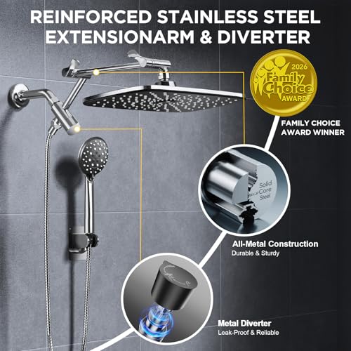 Image of Veken 11.8 inch Rain Shower Head with Handheld, High Pressure Handheld Shower with Multi Spray Modes, Rainfall Combo with 15 inch Metal Extension Arm, Detachable Dual Shower, Bathroom Decor, Chrome Silver