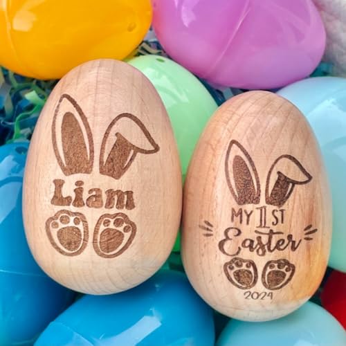 Coctelera de huevos de madera personalizada, huevo de bebé grabado, niños de Pascua, huevo de madera personalizado, relleno de cesta de Pascua, mi primera Pascua, madera de huevo sensorial