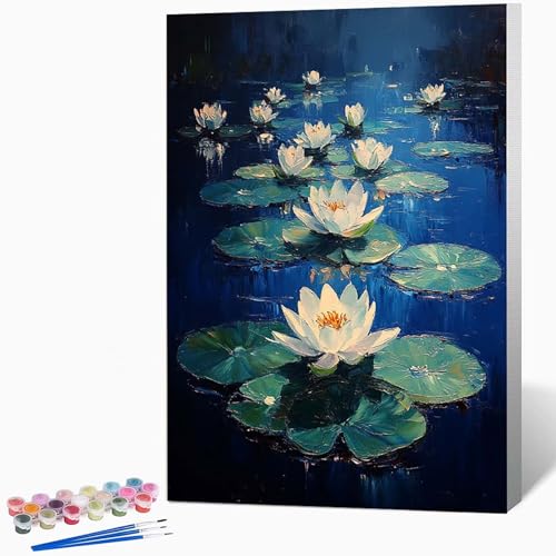 数字油絵 蓮 ペイントバイナンバー 風景, ナンバーペイント大人のDIYセット(ブラシとアクリル絵の具を含む)、クリエイティブな手作りの油絵セット、女性へのデジタル絵画ギフト、壁の装飾 60×80cm -WX251028W
