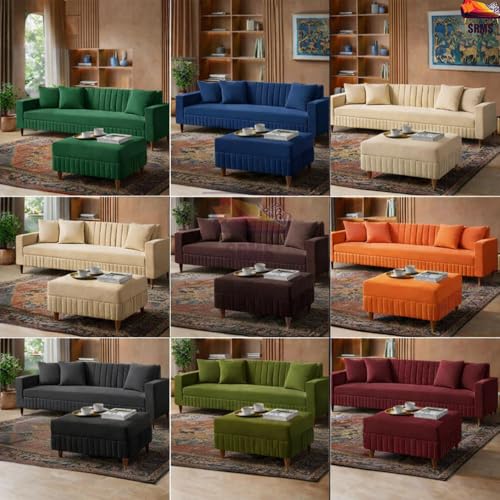 Image of SRMS Solid Wood 4 Seater L Shape Velvet Fabric Sofa Set with Four Cushions | Perfect for Home Office Guests Living Room | Sofa Set for living Room | 74 x 32 x 30 inches | Light Brown