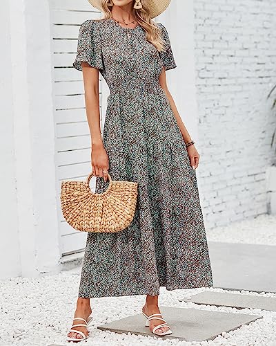 Image of PRETTYGARDEN Women's Casual Smocked Boho Floral A-Line Maxi Dress 2026 | Summer Short Flutter Sleeve Crewneck Tiered Long Sundress,Fall Wedding Guest Dresses,Spring Cute Flowy Beach Vacation Clothes