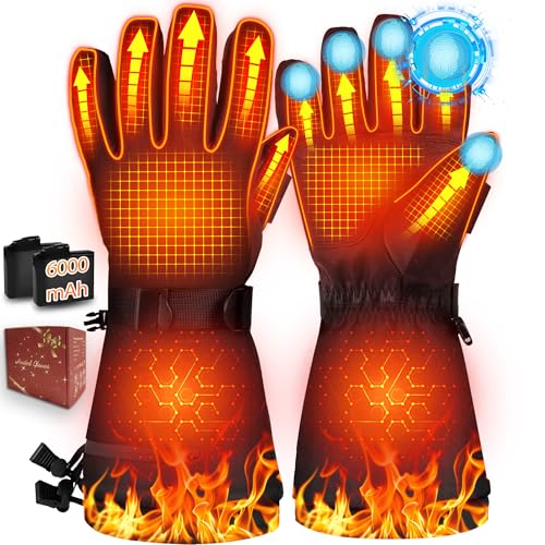 Heated Gloves for Men Women - 7.4V 6000mAh Rechargeable Heated Gloves Up to 10H Warmth, Full Touchscreen, 10s Fast Heating, 3 Level Adjustable, Electric Winter Gloves for Outdoor Skiing Hunting Hiking