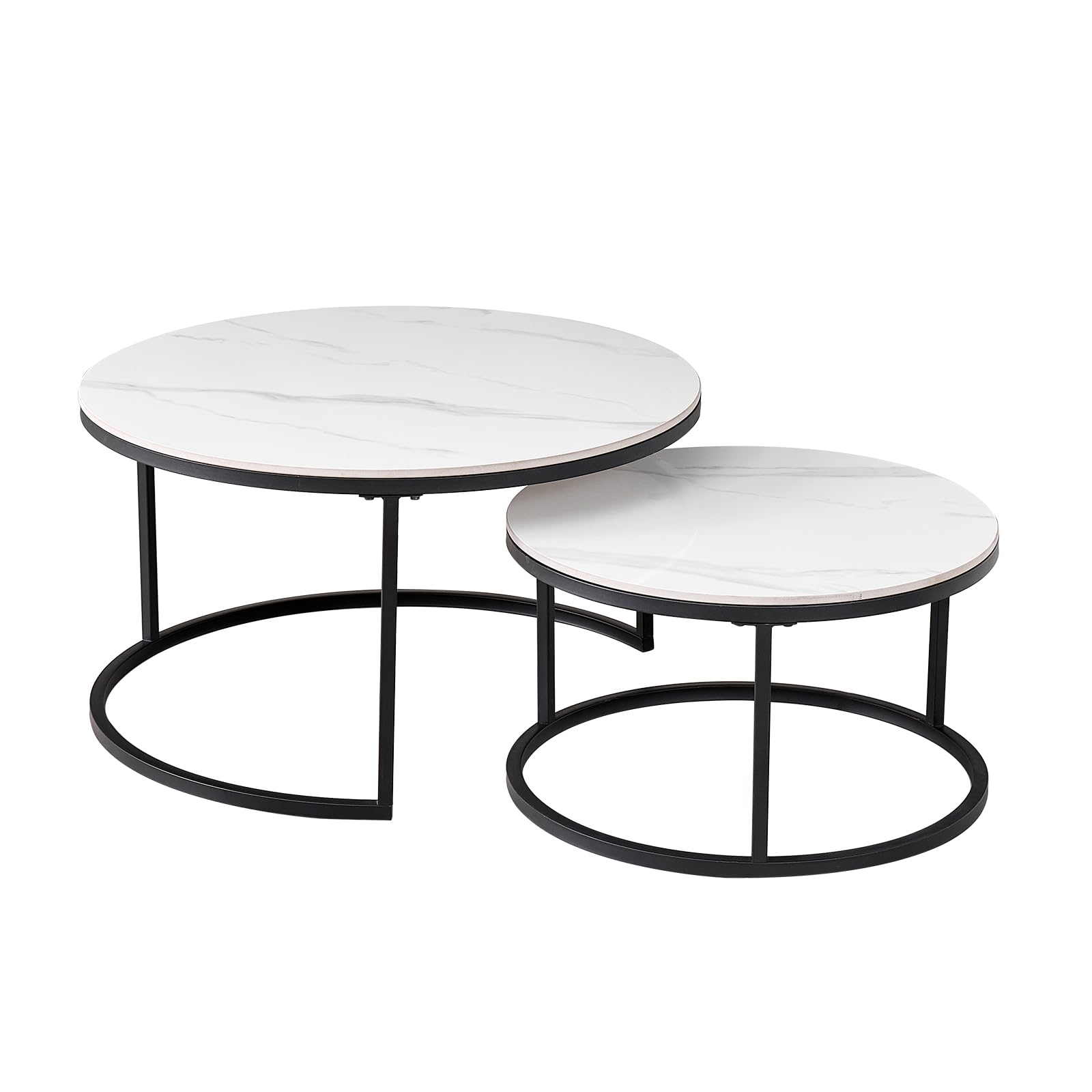 2er-Set Marmor-Couchtische mit Weißer Marmorplatte und Schwarzem Metallgestell, Moderner Runder Beistelltisch fürs Wohnzimmer – 80 x 80 x 45 cm