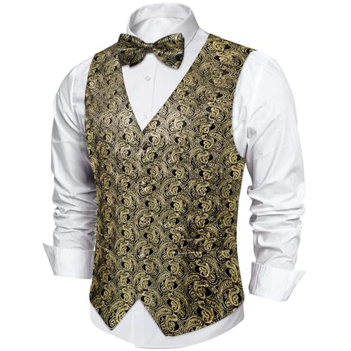 Image of DiBanGu Mens Paisley Suit Waistcoat,Silk Dress Vest and Bowtie Pocket Square Cufflinks with Lapel Pin Set for Wedding Tuxedo