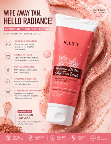Image of SAYY Moroccan De-Tan Clay Face Wash, Tan Removal, Deep Cleansing and Skin Brightening, with Aloe Vera Extract, for All Skin Types