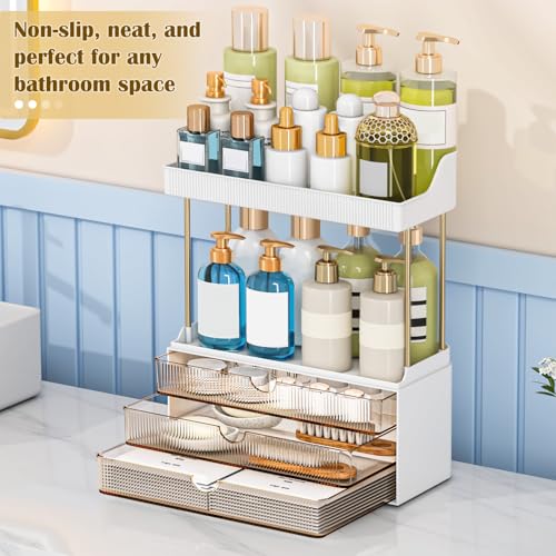 Image of caktraie Bathroom Organizers and Storage - 3 Drawers 2 Tier Makeup Organizer, Cosmetic Storage Drawer for Dresser Countertop and Bathroom Vanity for Large Skincare, Perfume, Amber