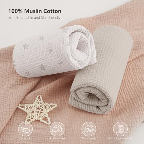 Image of Bearmoss Muslin Mini Crib Sheets for Pack N Play Mattress - 100% Cotton - 38 inchx26 inch Soft Breathable Playard Baby Crib Sheets Neutral for Boys Girls - 2 Pack (White Star)