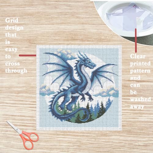 Image of FREEBLOSS 11CT Cross Stitch Kits for Beginner Dragon Stamped Cross Stitch Kit Landscape DIY Embroidery Wall Art Painting Kit with Instructions 17.7 inch x 17.7 inch