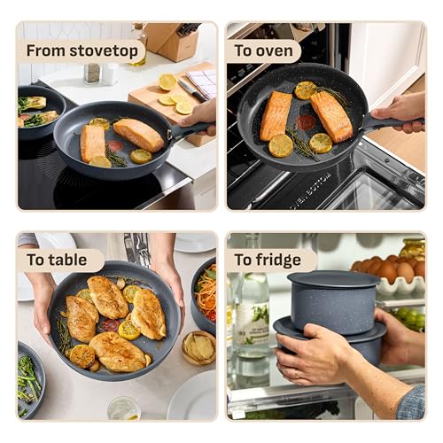Image of T-fal Ingenio Essentials Cookware Set with Detachable /Removable Handle 11 Piece, Granite Titanium Non Stick, Induction, Oven Broiler Safe 500F, Stackable, Pots and Pans Set, RV Camping, Fry Pans Gray