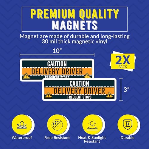 Image of Magnet Me Up Caution Delivery Driver Frequent Stops Magnetic Decal, 10x3 Inch, 2 Pack, Delivery Essentials, for Cars, Trucks, Flex Drivers Magnet, Weatherproof, Full-Color Print, Made in USA