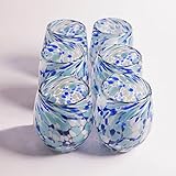 HOUM - Hand Blown Mexican Drinking Glasses. Set of 6 Unique Sky Color Glass Tumblers for Mixed Drink
