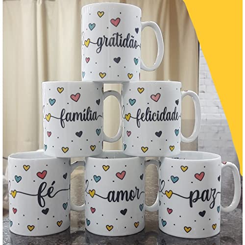 Jogo 6 canecas 300ml Frases Motivacionais - Kit Porcelana