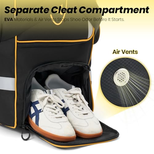 Fanwoli Rolling Baseball Bag with Wheels, Large Softball Catchers Gear Bags for 4 Bats, Separate Shoe Compartment, 3-Sided Safety Reflective Strips, Fence Hooks, Portable T- Ball Bag for Youth & Adult