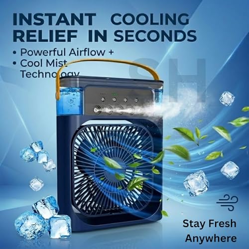 Image of Drumstone 5-in-1 Portable Air Cooler with Humidifier & LED Light, Personal Mini AC Fan with Water Tank, Ice Cooling Technology, Adjustable Speed, Compact Air Cooler for Home, Bedroom, Office