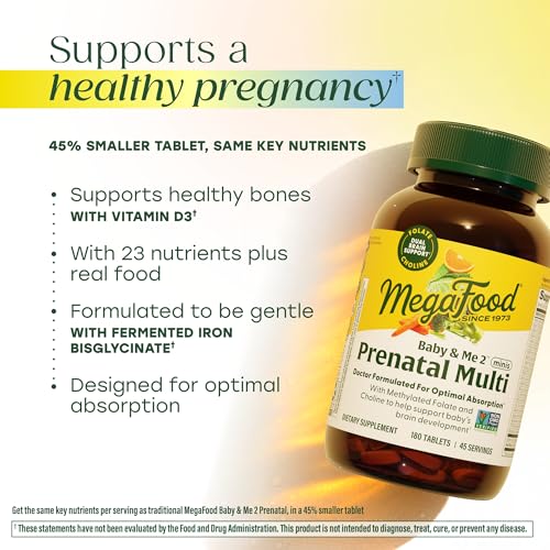 Image of MegaFood Baby & Me 2 Prenatal Multi Minis - Prenatal Vitamins for Women with Choline & Methyl Folate - Gluten-Free, Vegetarian, Pre Natal Multivitamin for Women - 180 Minis Tablets, 45 Servings