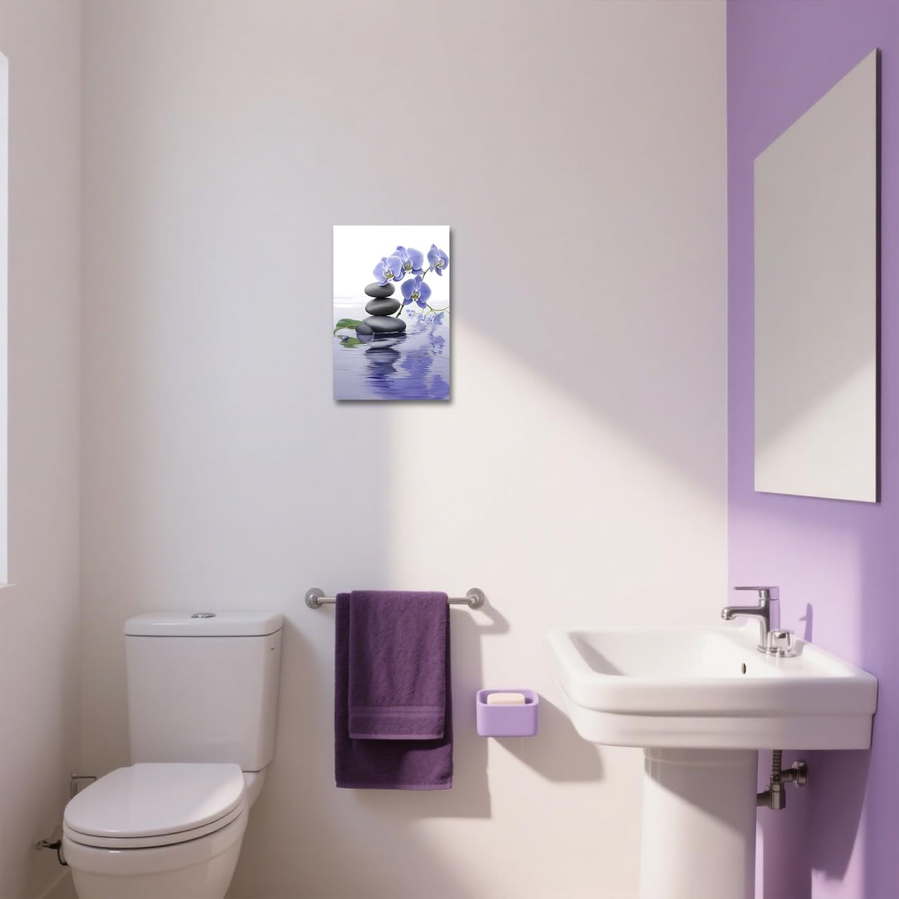 Quadro da Parete Zen per Bagno con Orchidea e Pietre, Dipinto Spa, Natura Morta, Stampe su Tela per Meditazione, Decorazione Spirituale per la Stanza, incorniciato (Viola, 42L x 2