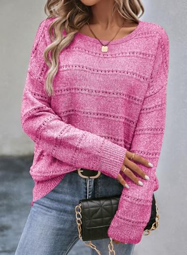 Image of SHEWIN Women's Sweaters Crew Neck Crochet Sweater Lightweight Knit Long Sleeve Tops Shirts Loose Fit Spring 2026