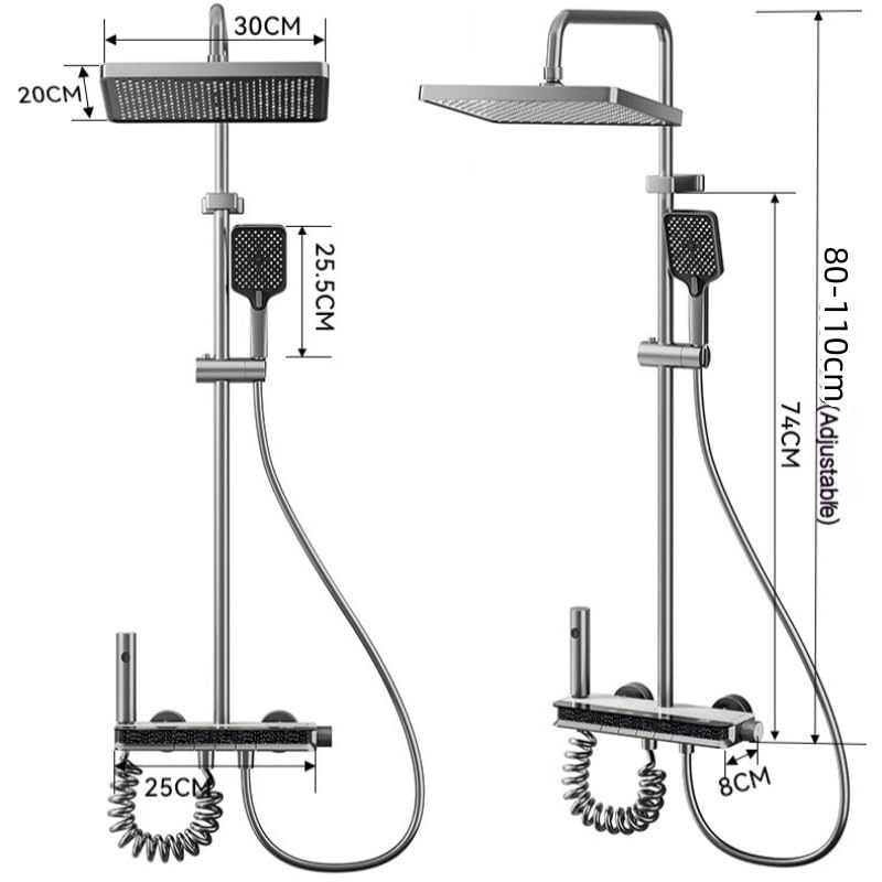 Duschset Edelstahl Duschsystem, Wassersparend Regendusche set, Überkopfbrause set, Duschgarnitur, eckige Kopfbrause,grau